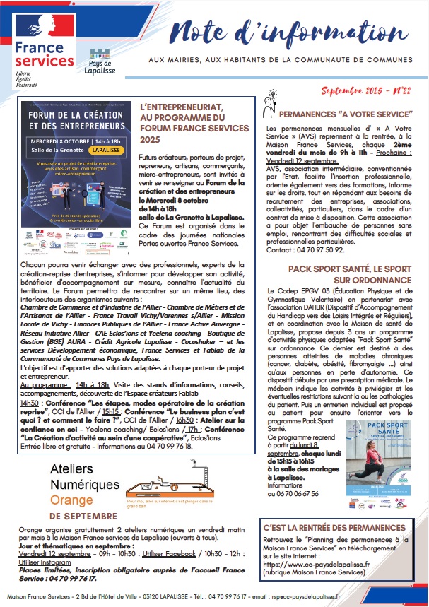 Lettre d'informations 2025 - N°22 Maison France Services Pays de Lapalisse